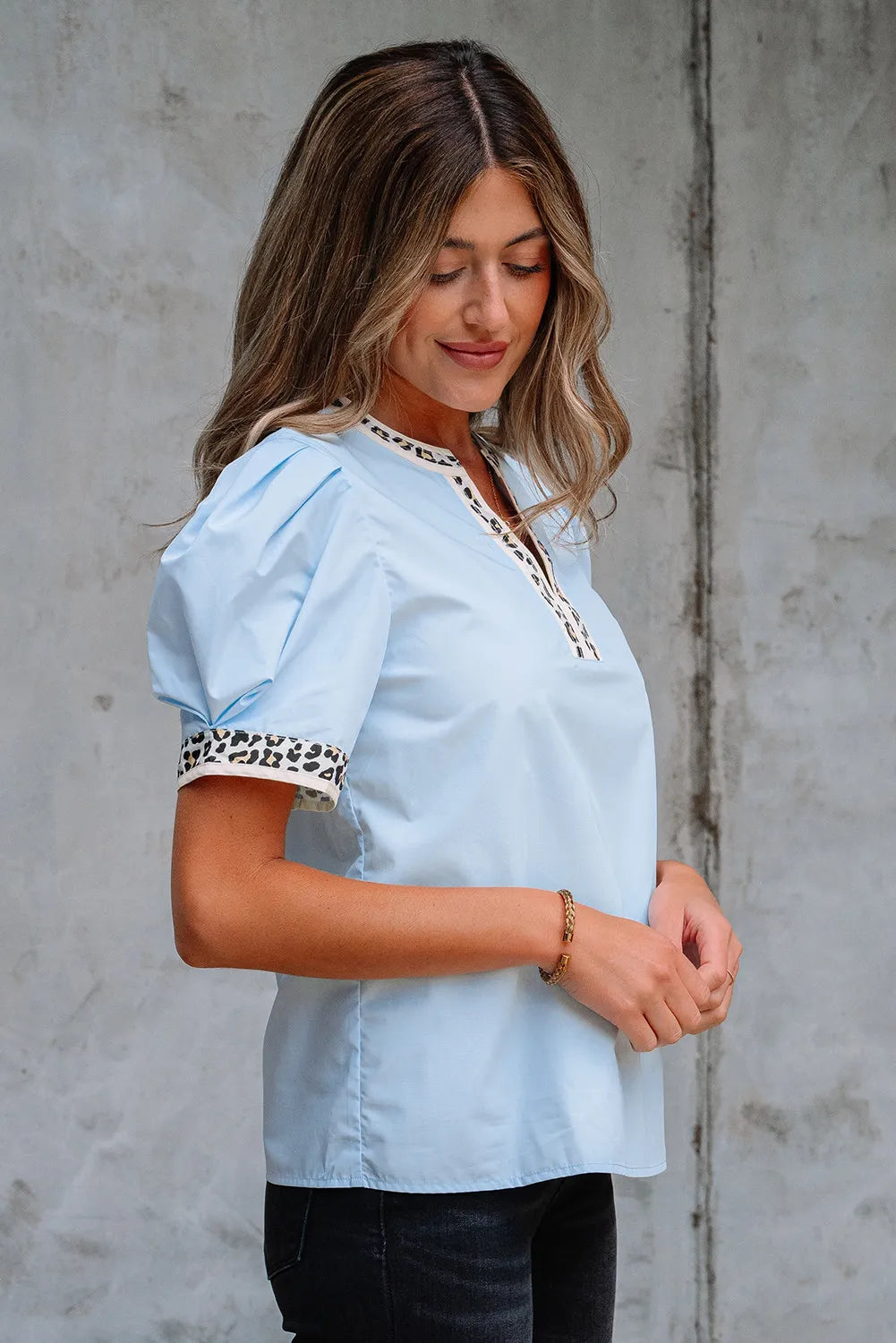 Sky Charm Puff Sleeve Blouse with Leopard Trim