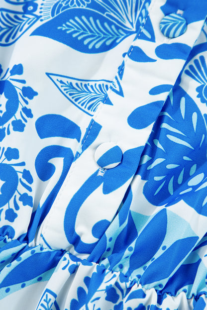 Women's Blue Retro Floral Print Waist Ruffled Summer Mini Dress
