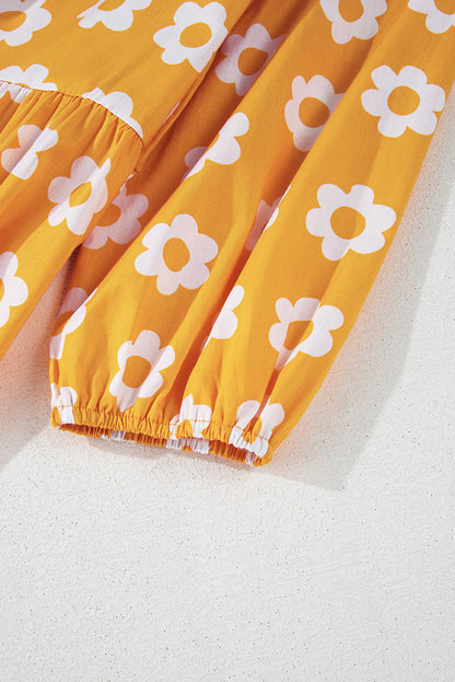 Women's Yellow Flower Bracelet Sleeve Buttons Collared Summer Midi Dress