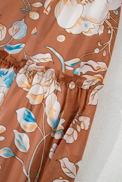 Women's Brown Floral Square Neck Summer Midi Dress