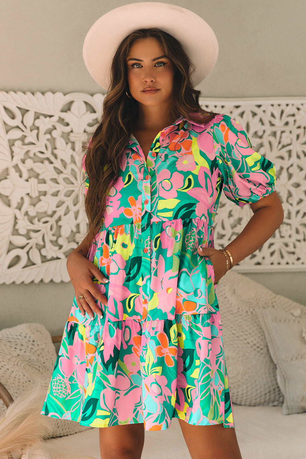 Women's Green Floral Puff Sleeve Summer Mini Dress