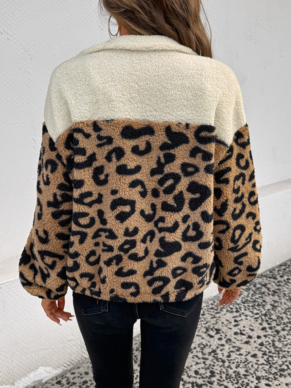 Back view of the cream and leopard print teddy jacket