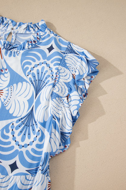 Women's Blue Floral Flutter Sleeve Summer Midi Dress