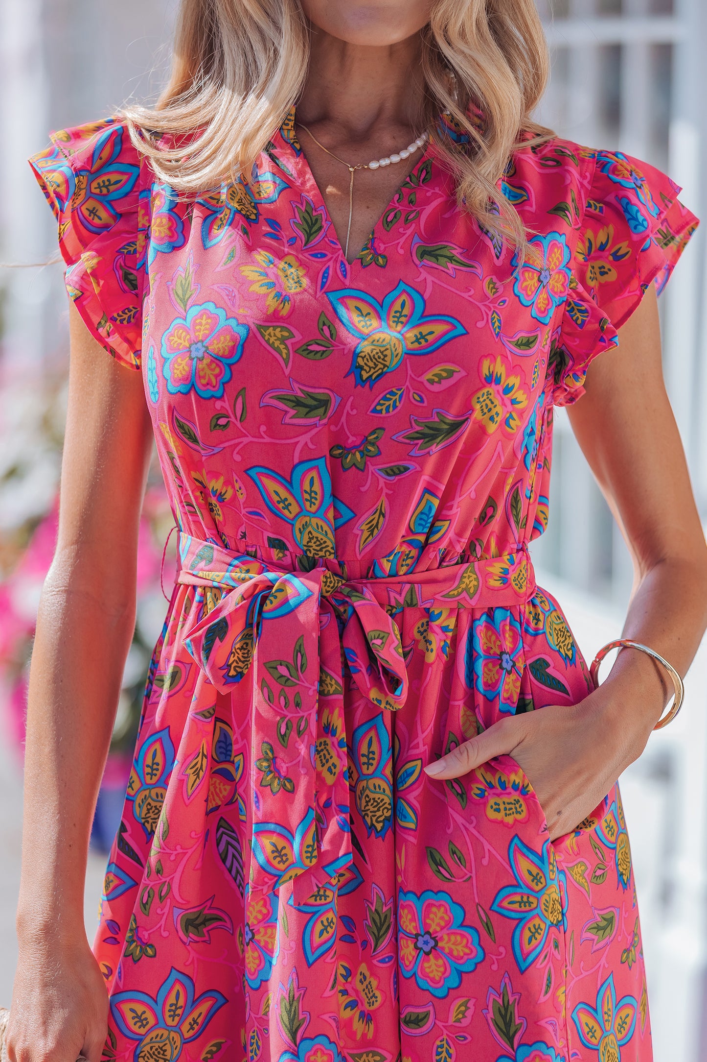 Women's Red Floral Flutter Sleeve Summer Midi Dress