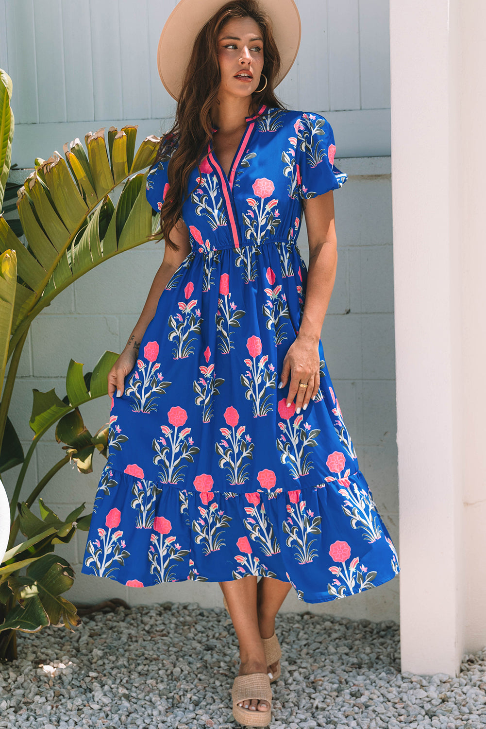Women's Blue Floral Puff Short Sleeve V Neck Summer Midi Dress