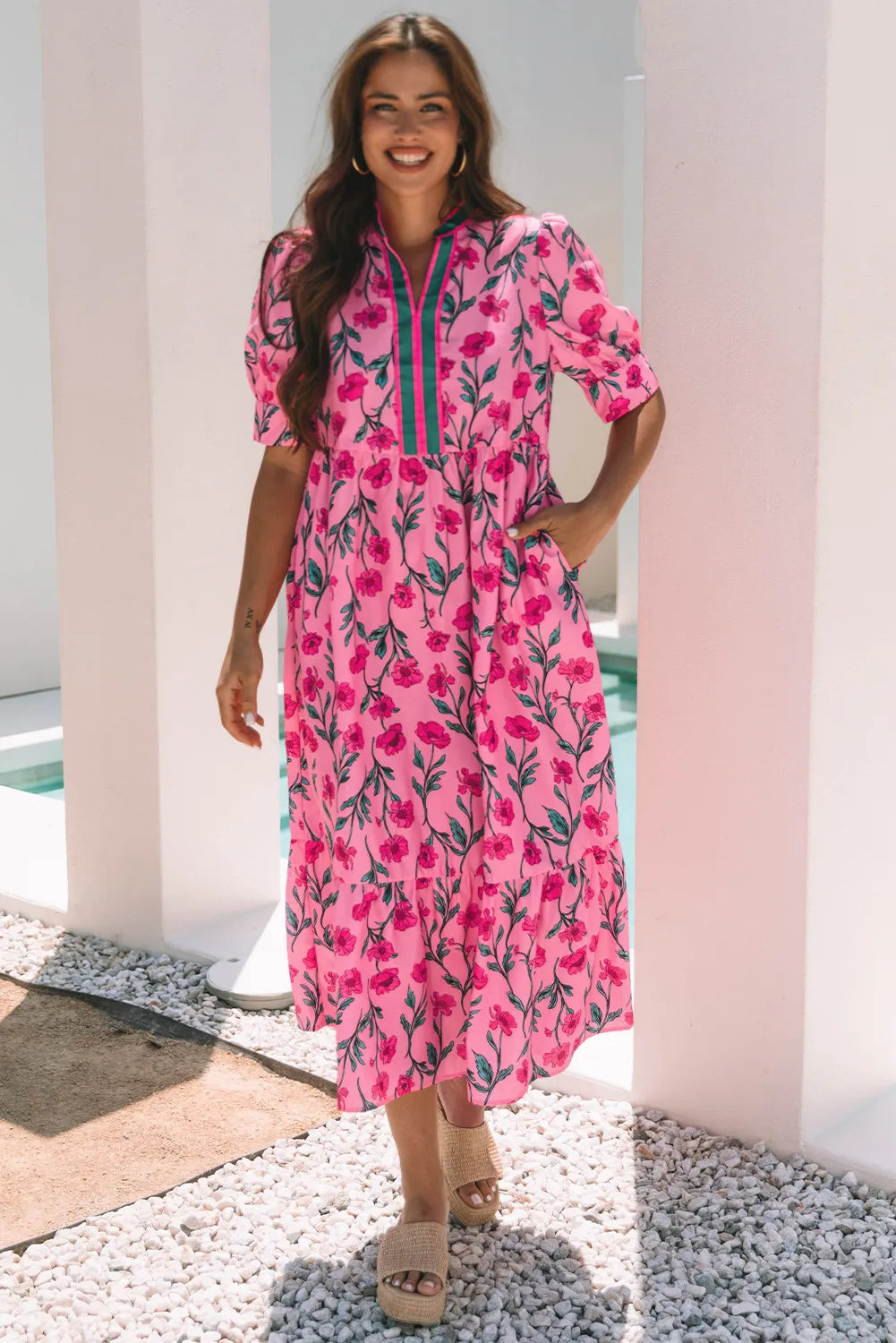 Pink Floral A-line Maxi Dress with Puff Sleeves