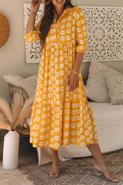 Women's Yellow Flower Bracelet Sleeve Buttons Collared Summer Midi Dress