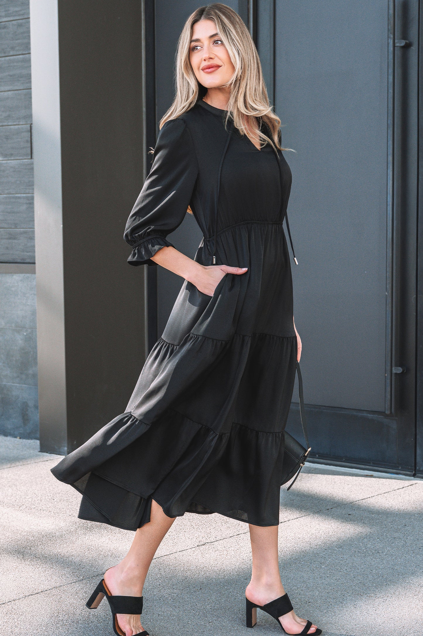 Women's Black Flounced Bracelet Sleeve Summer Midi Dress