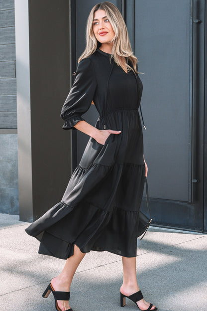 Women's Black Flounced Bracelet Sleeve Summer Midi Dress