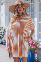 Brown Stripe Pinched V Neck Turn-up Cuffs Shift Mini Dress