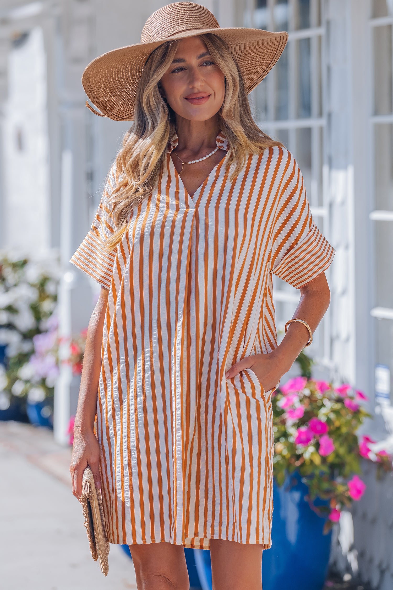 Brown Stripe Pinched V Neck Turn-up Cuffs Shift Mini Dress