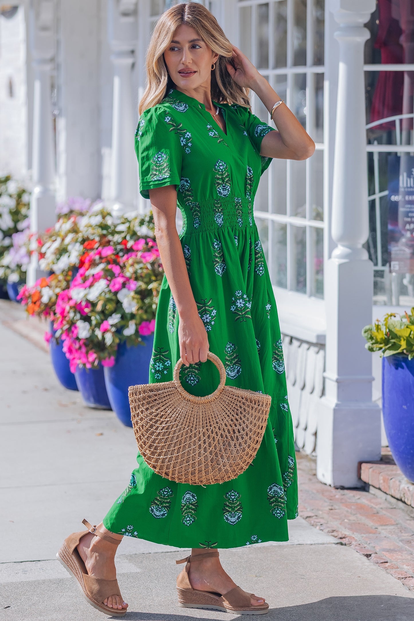Women's Green Floral High Waist Summer Maxi Dress