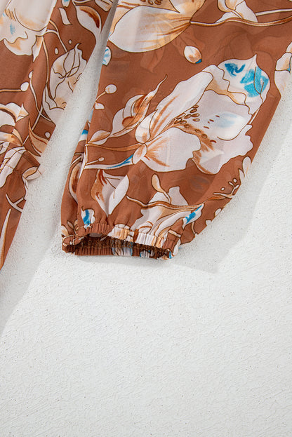 Women's Brown Floral Square Neck Summer Midi Dress