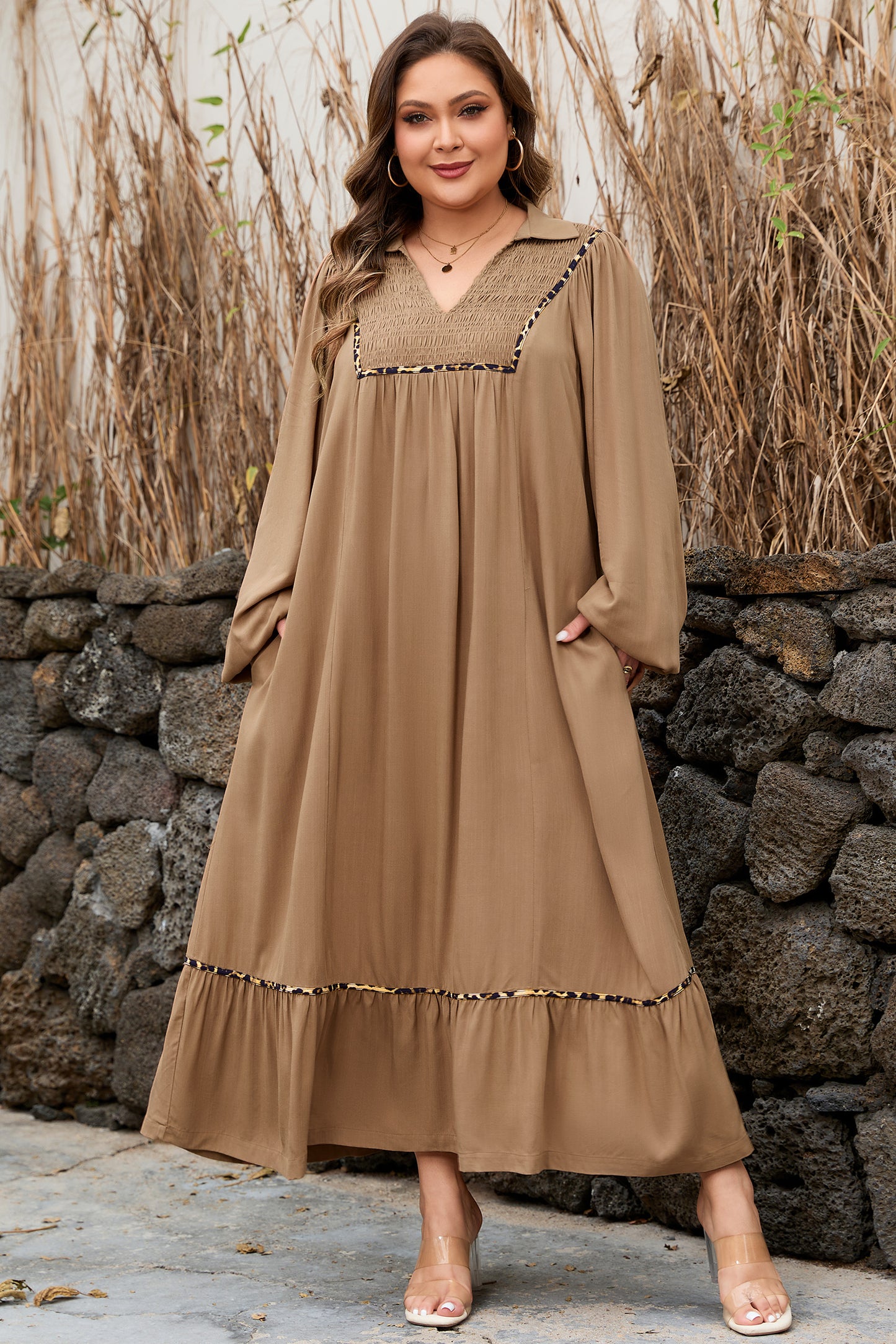Women's Brown V Neckline Plus Size Summer Maxi Dress