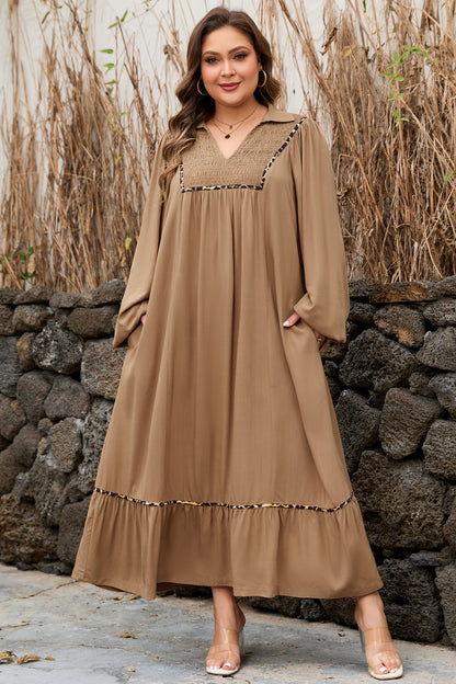 Women's Brown V Neckline Plus Size Summer Maxi Dress