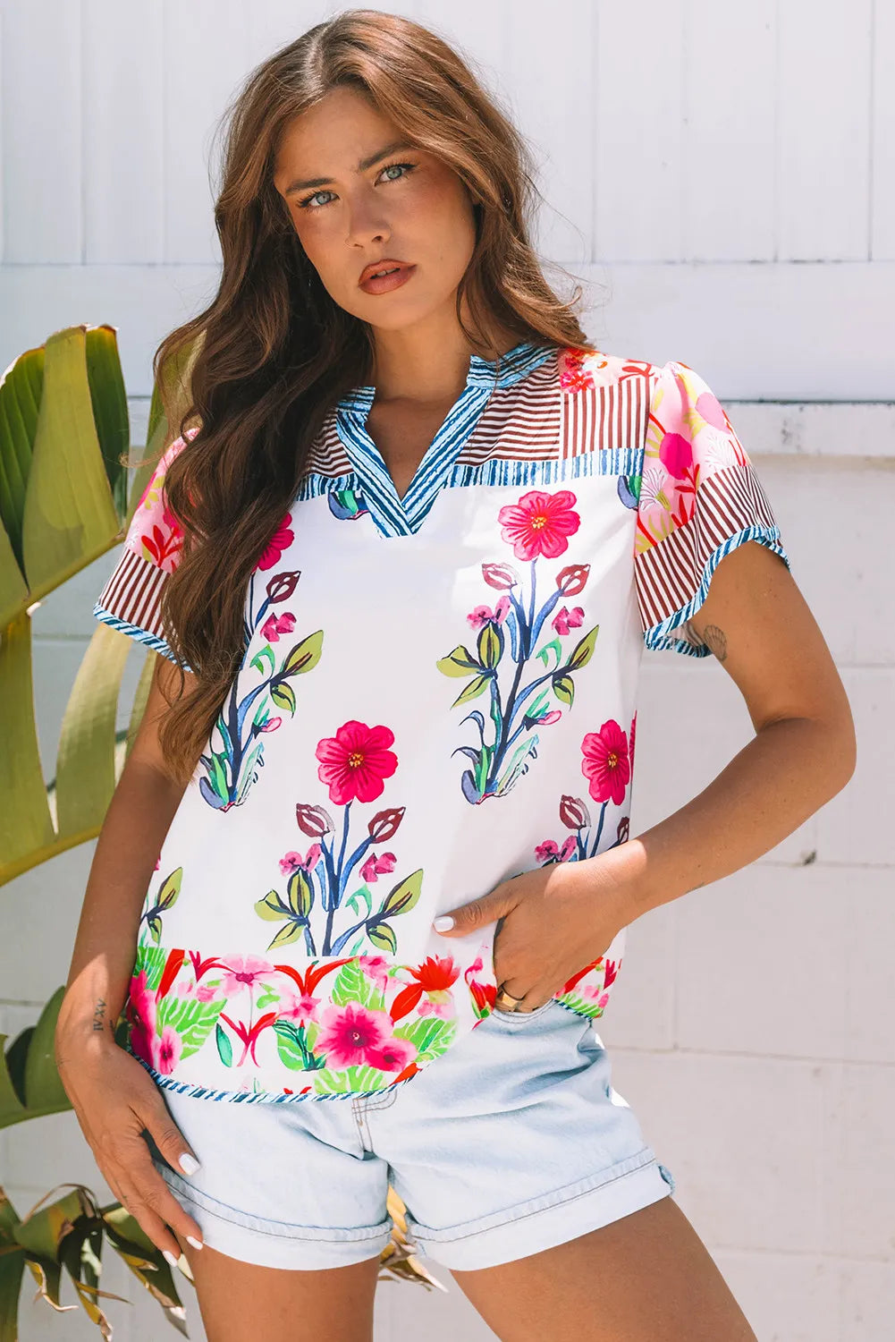 Sunscape Patchwork Floral Short Sleeve Blouse