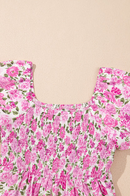 Women's Pink Floral Puff Sleeve Summer Midi Dress