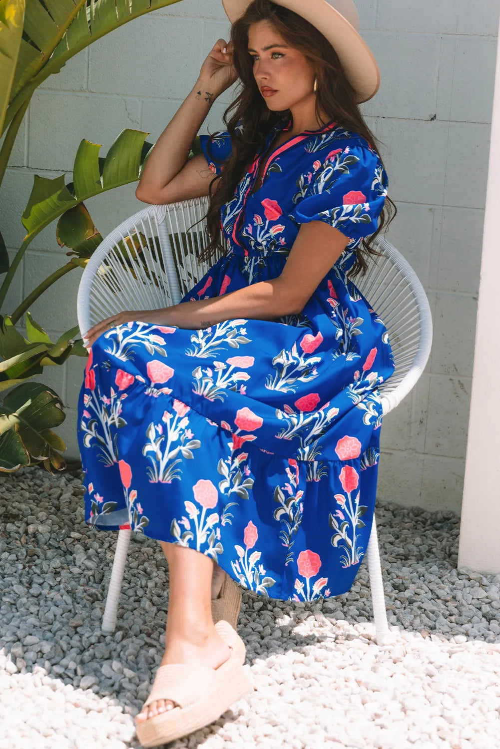 Floral Puff Sleeve Maxi Dress with Pockets