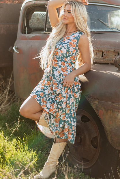 Women's Green Floral V Neck Sleeveless Summer Midi Dress
