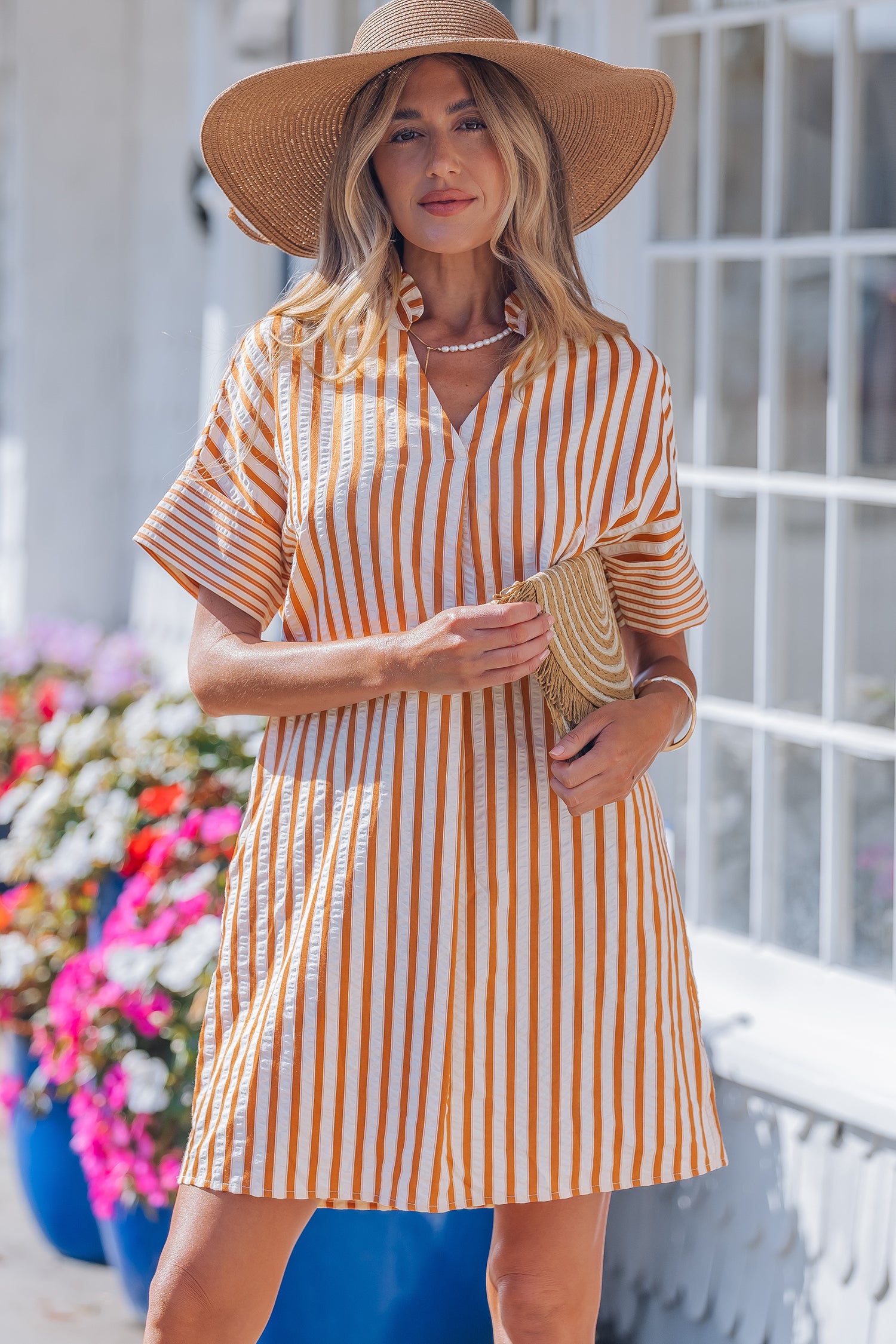 Brown Stripe Pinched V Neck Turn-up Cuffs Shift Mini Dress