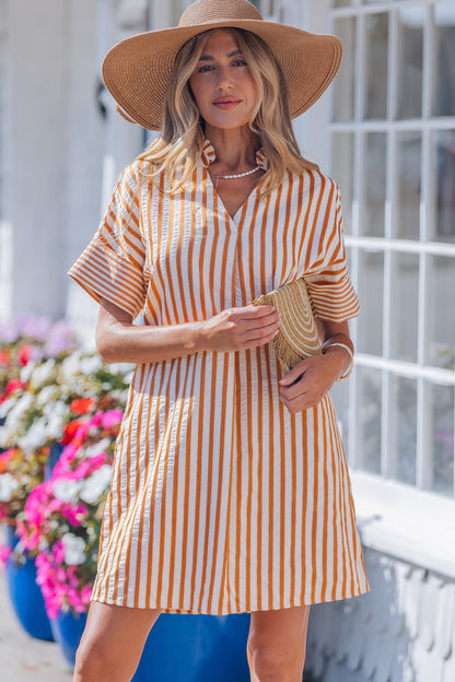 Women's Brown Stripe Pinched V Neck Summer Mini Dress
