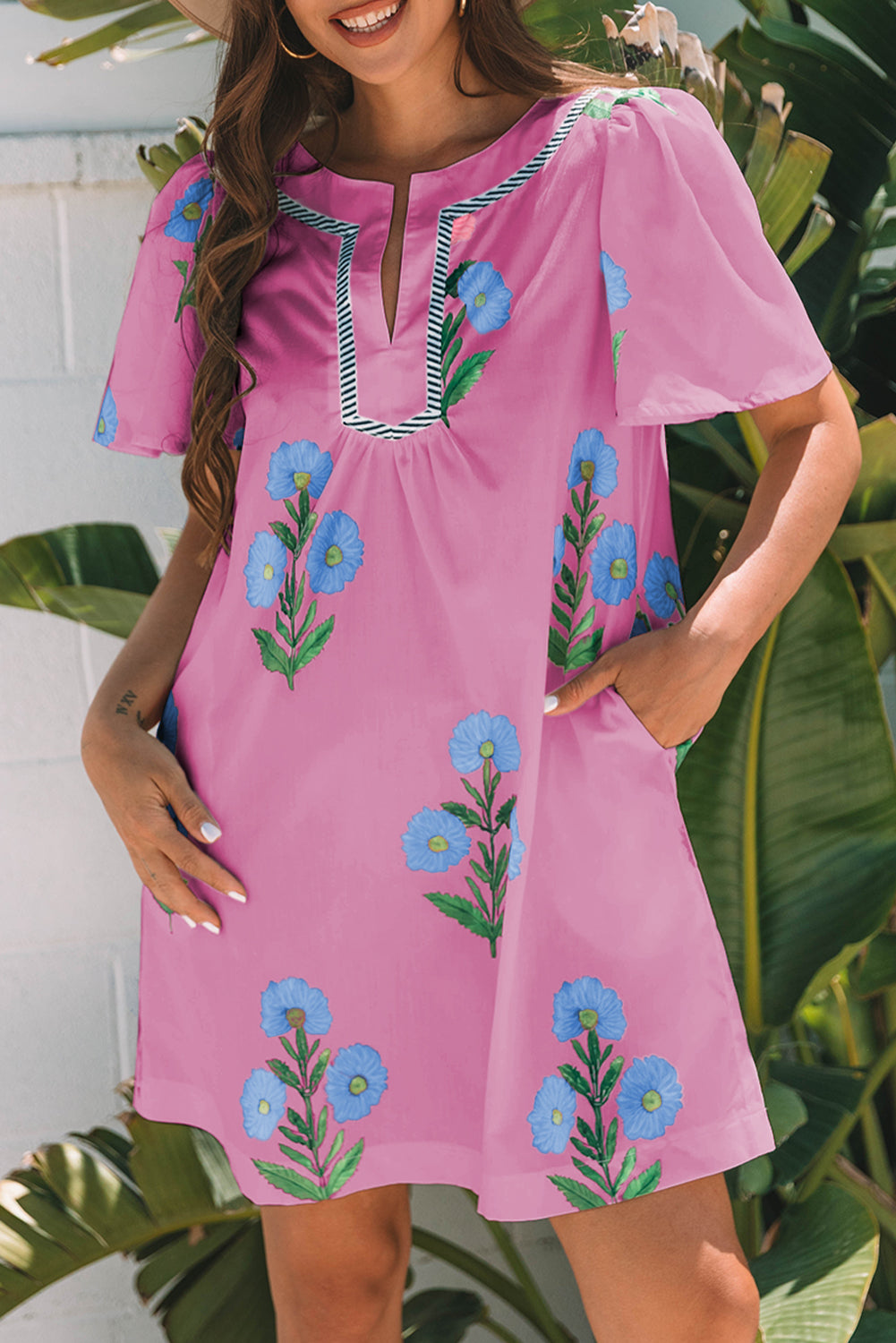 Women's Pink Floral Short Sleeve Split Neck Loose Summer Mini Dress