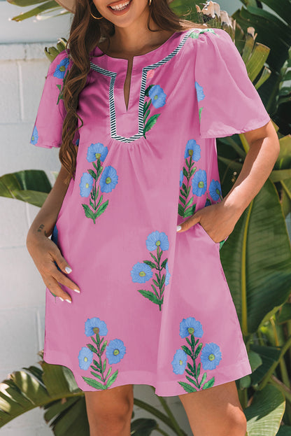 Women's Pink Floral Short Sleeve Split Neck Loose Summer Mini Dress
