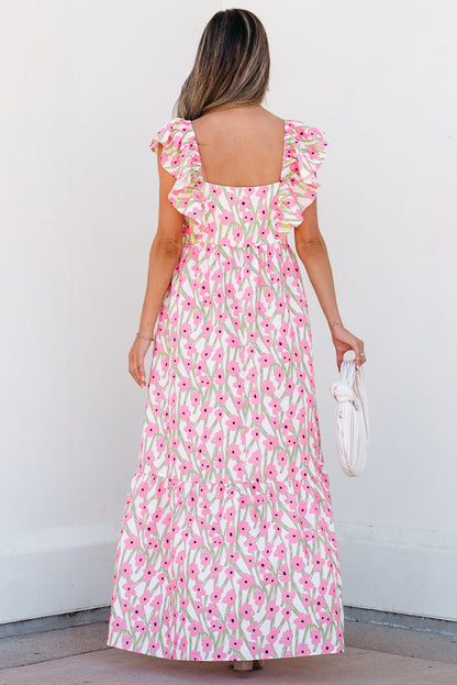 Women's Pink Floral Square Neck Summer Maxi Dress