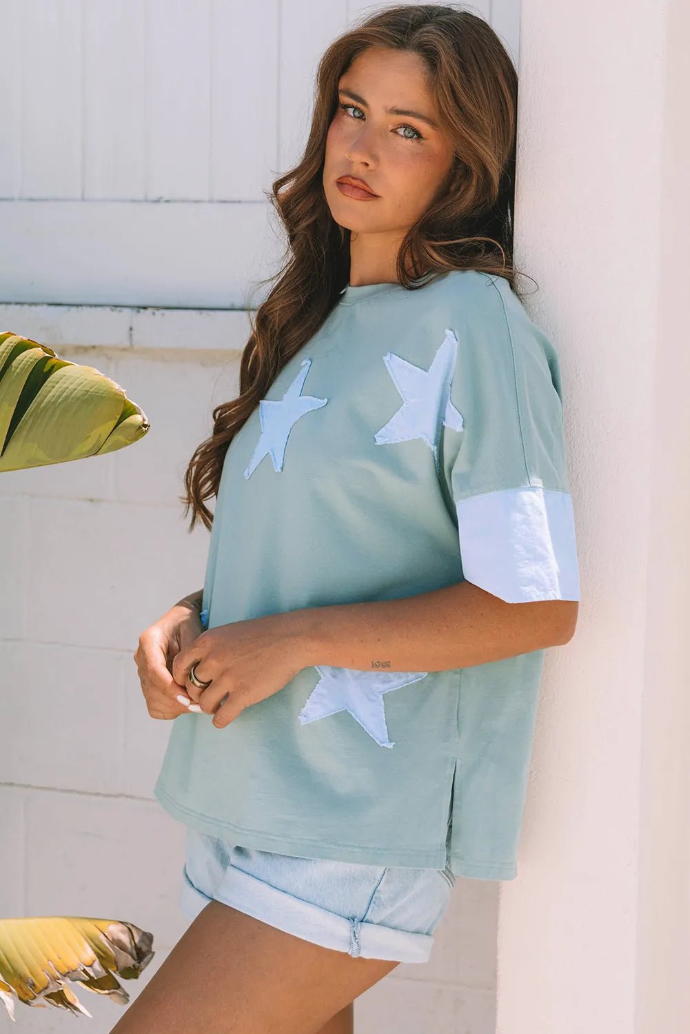 Oversized T-Shirt with Star Patches and Contrast Sleeves