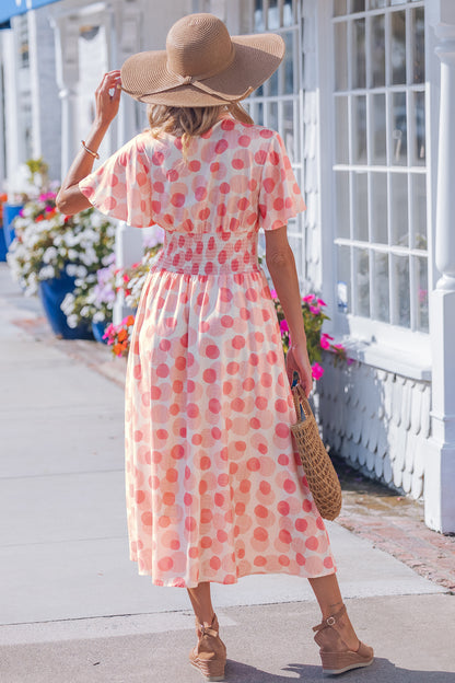 Women's Pink Polka Dot Ruffle Sleeve Summer Midi Dress