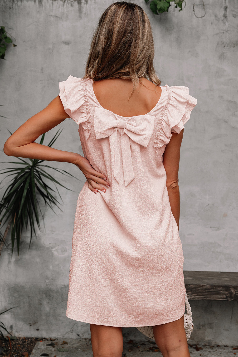 Women's Light Pink Textured Flutter Sleeve Summer Mini Dress