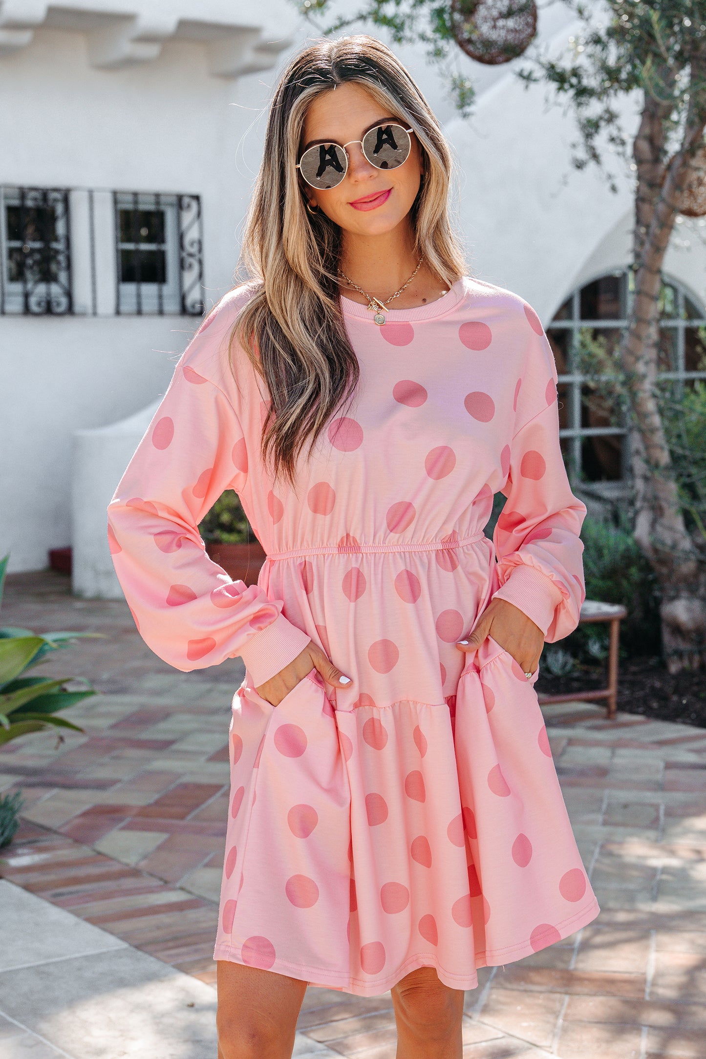 Women's Pink Polka Dot Long Sleeve Summer Mini Dress