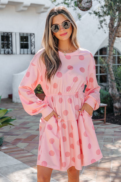 Women's Pink Polka Dot Long Sleeve Summer Mini Dress