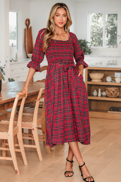 Women's Red Square Neck Puff Sleeve Summer Midi Dress