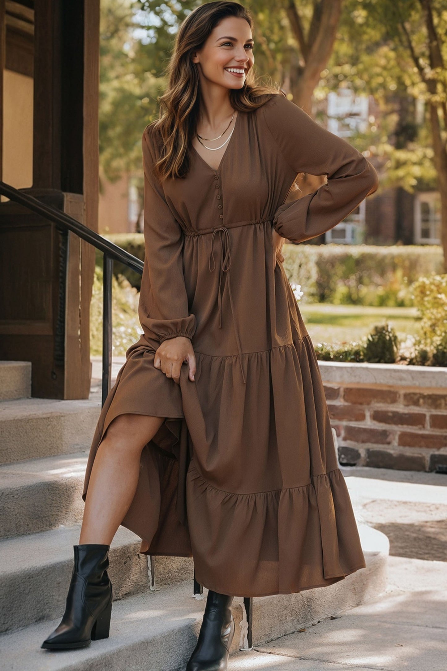 Women's Brown Long Sleeve V Neck Summer Maxi Dress