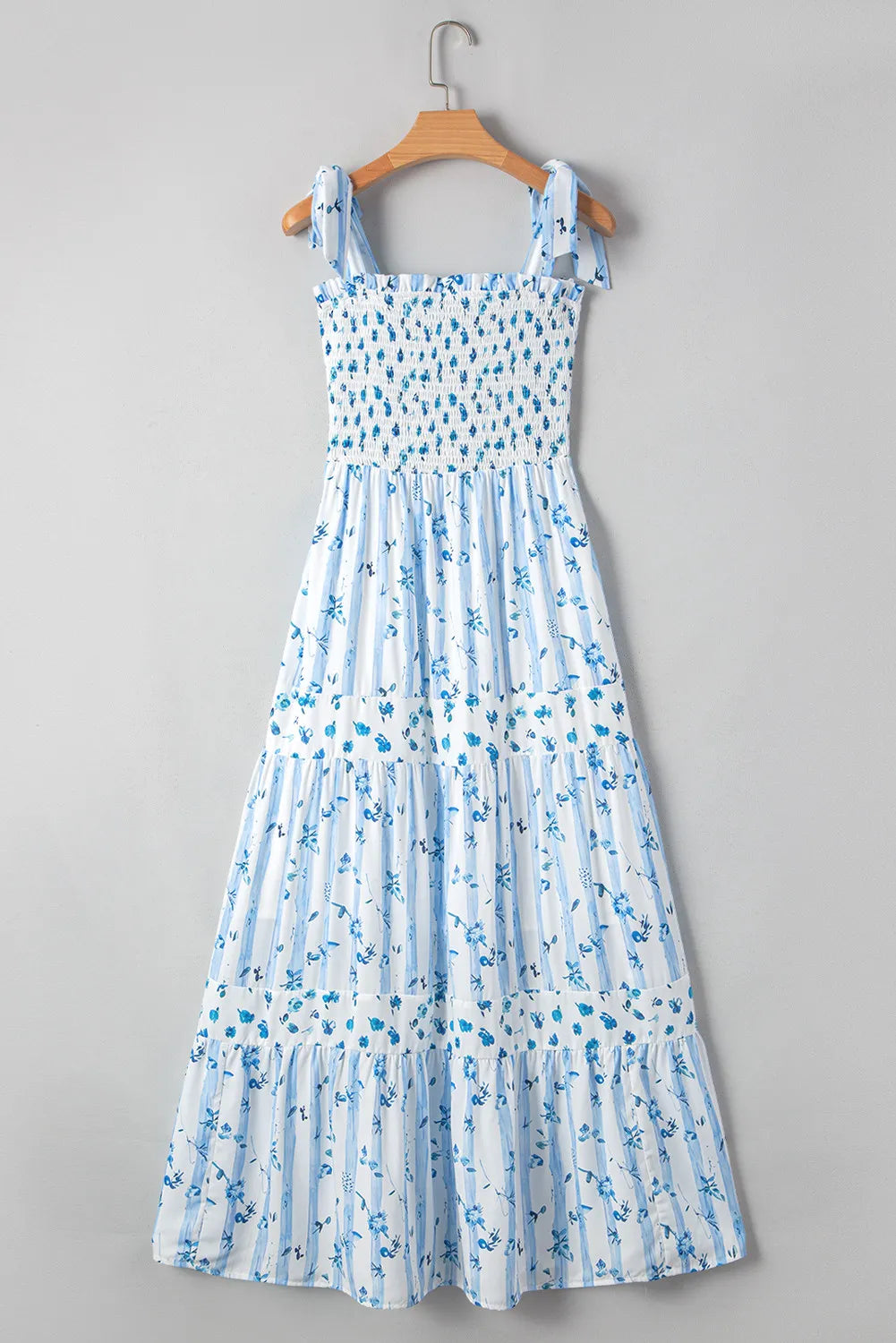 Sky Blue Floral Smocked Maxi Dress with Tie Straps