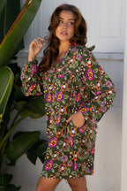 Green Floral Print Split Neck Bubble Sleeve Shift Mini Dress