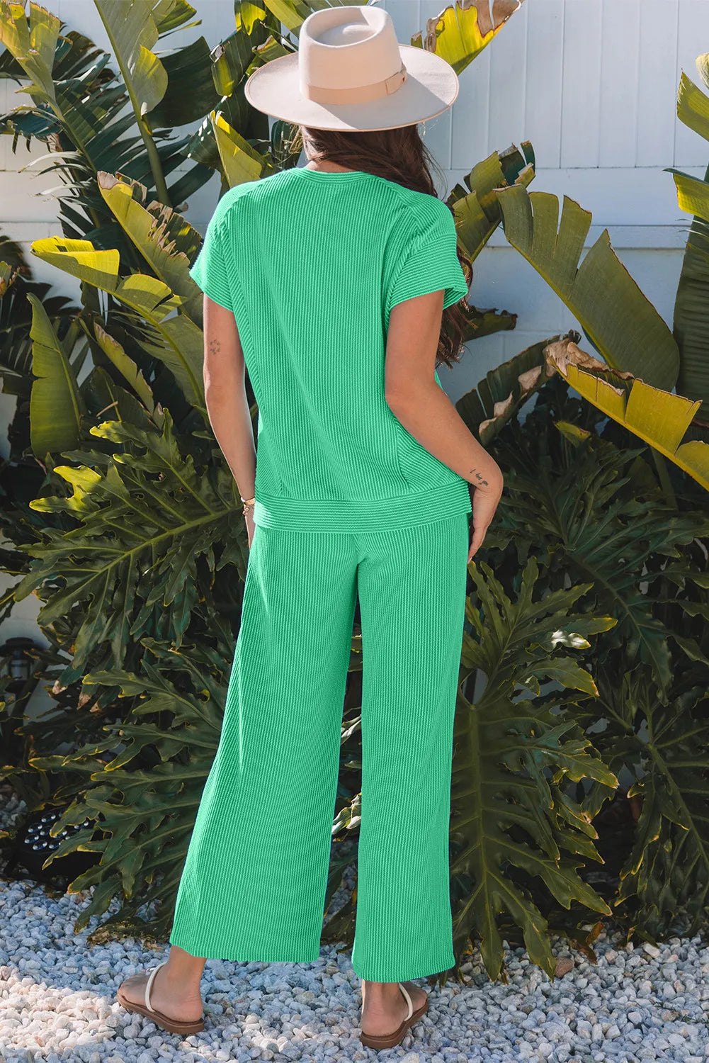Textured Knit Lounge Co-ord Set – Wide Leg Trousers & T-Shirt