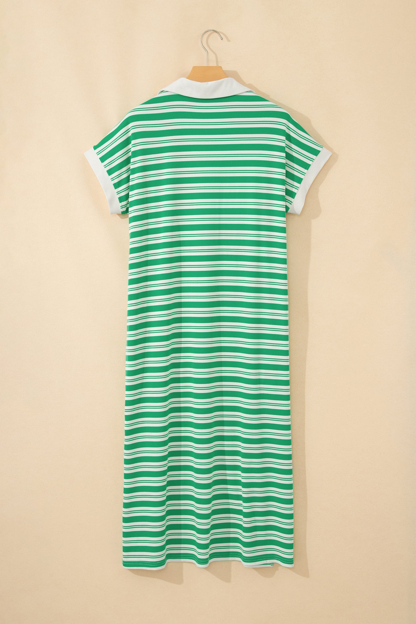 Women's Green Striped Summer Midi Dress with Pockets