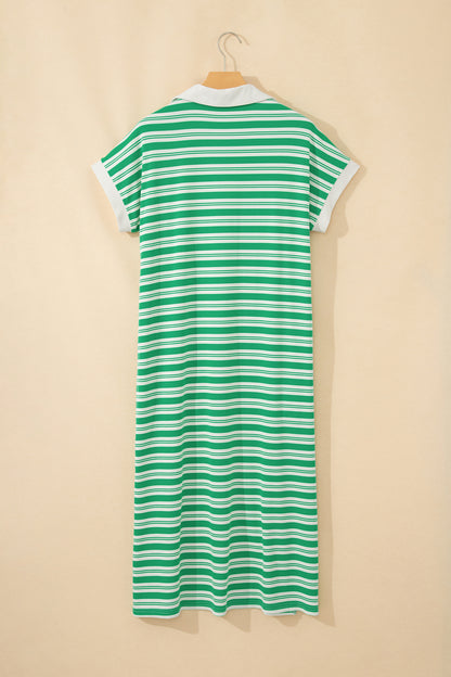 Women's Green Striped Summer Midi Dress with Pockets