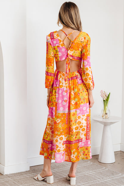 Women's Orange Floral Long Sleeve Summer Midi Dress