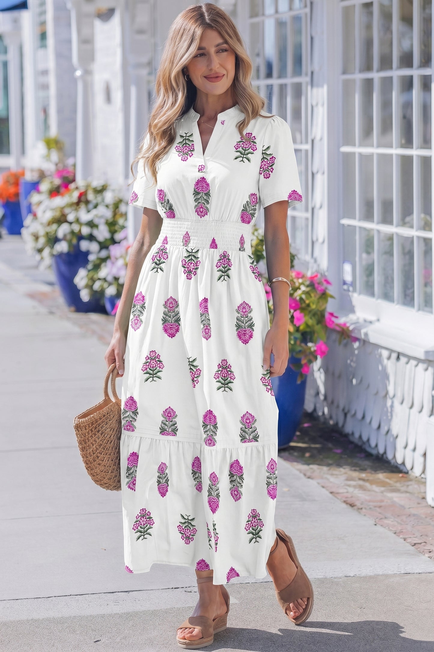 Women's White Floral Split Neck Summer Maxi Dress