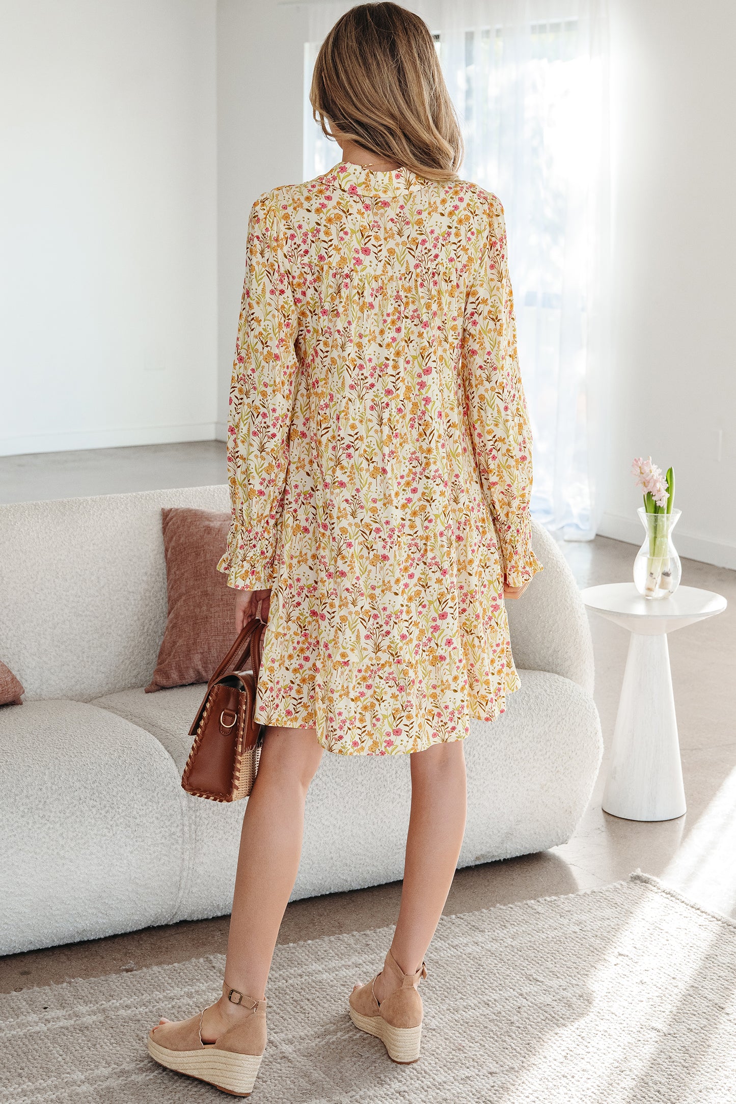 Women's Yellow Floral Long Sleeve Summer Mini Dress