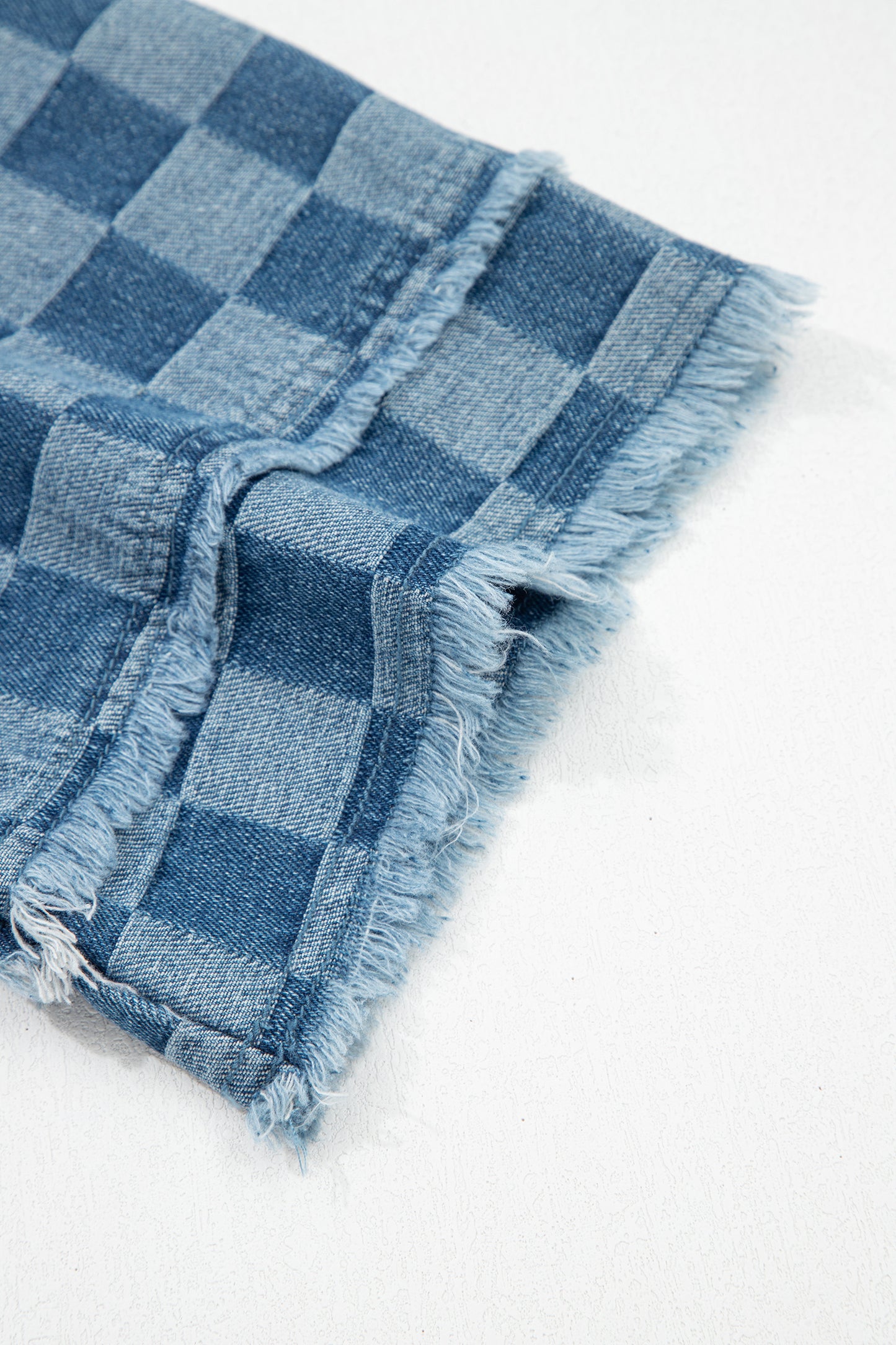 Women's Blue Frayed Hem Checkered Denim Summer Mini Dress