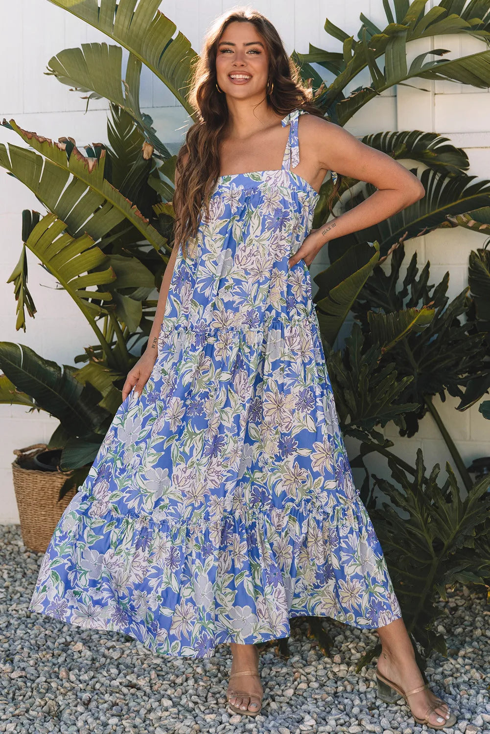 Sky Blue Floral Maxi Dress with Ruffle Tiers and Tie Straps