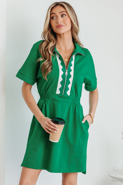 Women's Green Half Zip Short Sleeve Summer Mini Dress