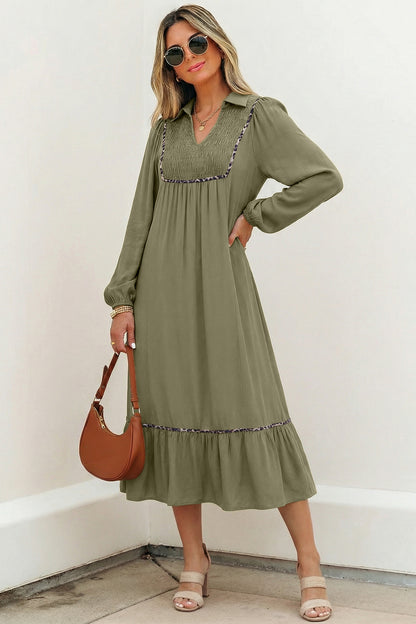 Women's Green V Neck Long Sleeve Summer Midi Dress