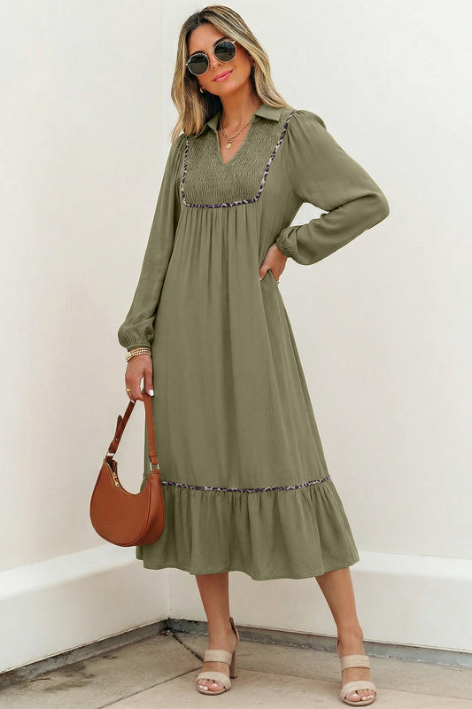 Women's Green V Neck Long Sleeve Summer Midi Dress