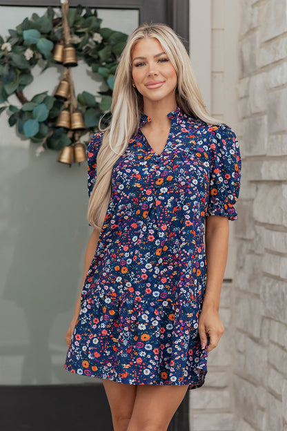Women's Blue Floral Split Neck Short Puff Sleeve Summer Mini Dress