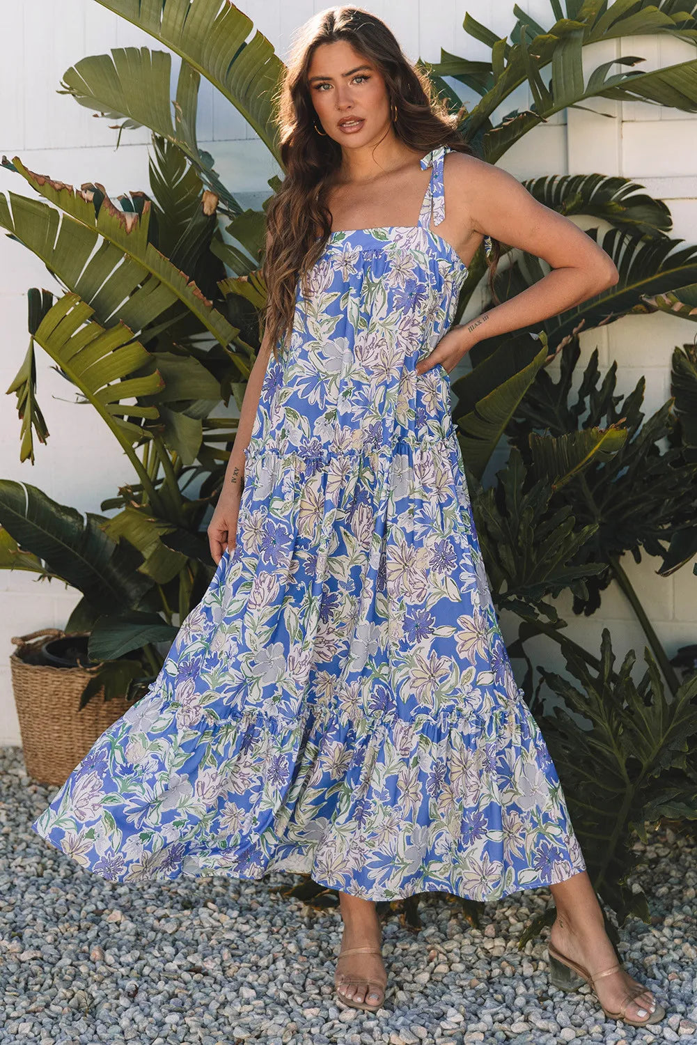 Sky Blue Floral Maxi Dress with Ruffle Tiers and Tie Straps
